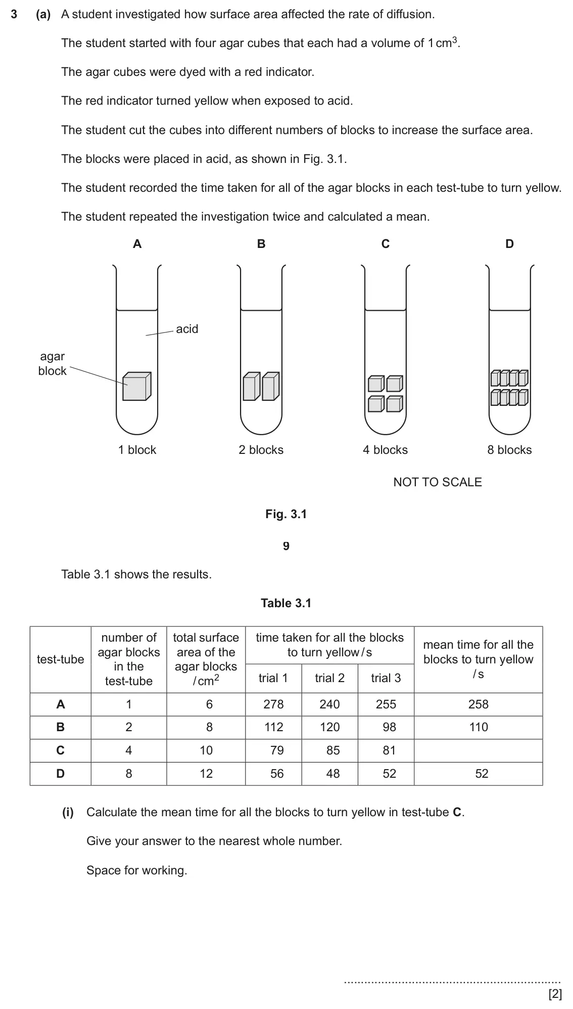 June 2024 Paper 3, question 3(a)(i): Calculate the mean time for all the blocks to turn yellow in test‑tube C. Give your answer to the nearest whole number. Space for working. [2]