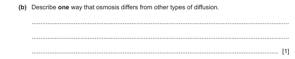 June 2024 Paper 3, question 3(b): Describe one way that osmosis differs from other types of diffusion. [1]