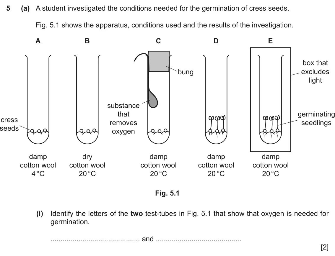 June 2024 Paper 3, question 5(a)(i): Identify the letters of the two test‑tubes in Fig. 5.1 that show that oxygen is needed for germination. and [2]