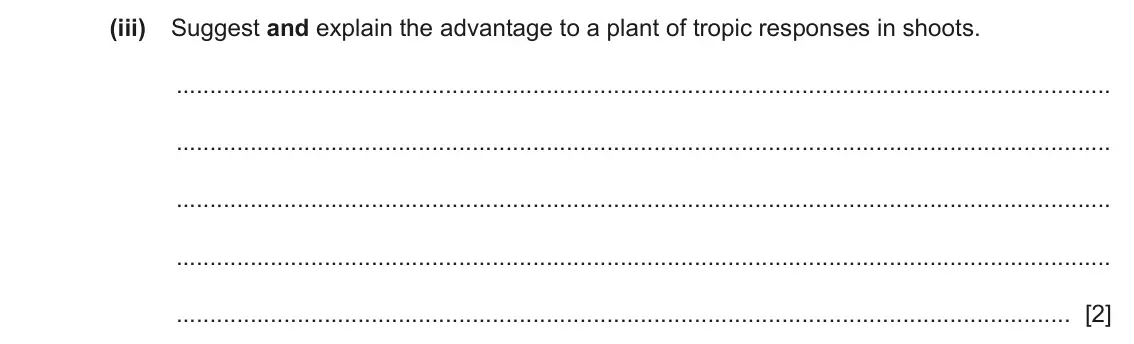 June 2024 Paper 3, question 5(b)(iii): Suggest and explain the advantage to a plant of tropic responses in shoots. [2]