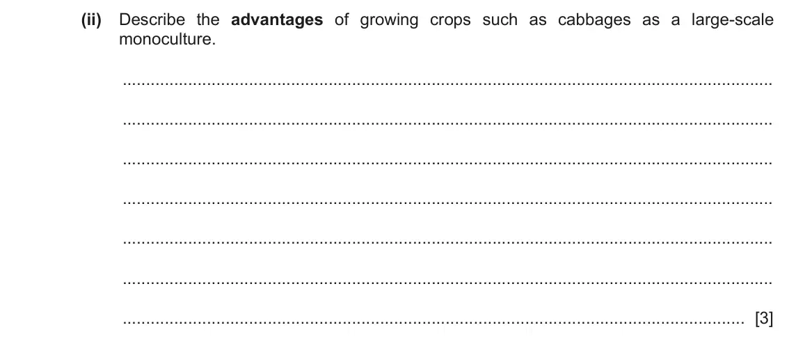 June 2024 Paper 3, question 6(a)(ii): Describe the advantages of growing crops such as cabbages as a large‑scale monoculture. [3]