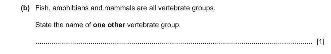 June 2024 Paper 4, question 1(b): Fish, amphibians and mammals are all vertebrate groups. State the name of one other vertebrate group. [1]