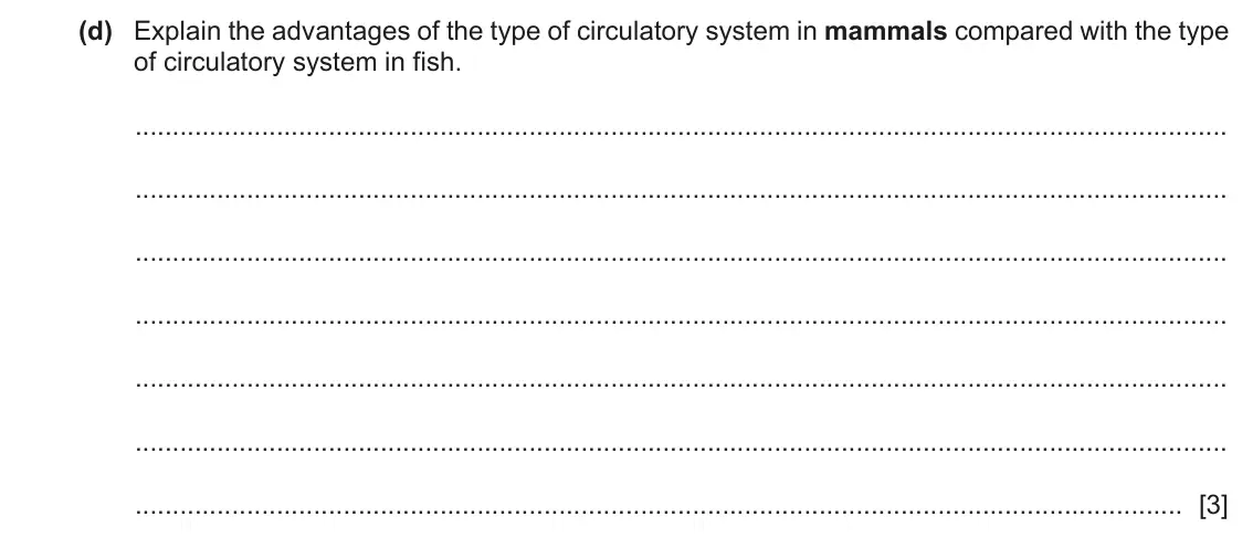 June 2024 Paper 4, question 1(d): Explain the advantages of the type of circulatory system in mammals compared with the type of circulatory system in fish. [3]