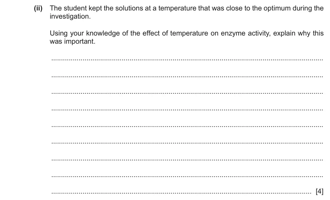 June 2024 Paper 4, question 4(a)(ii): The student kept the solutions at a temperature that was close to the optimum during the investigation. Using your knowledge of the effect of temperature on enz
