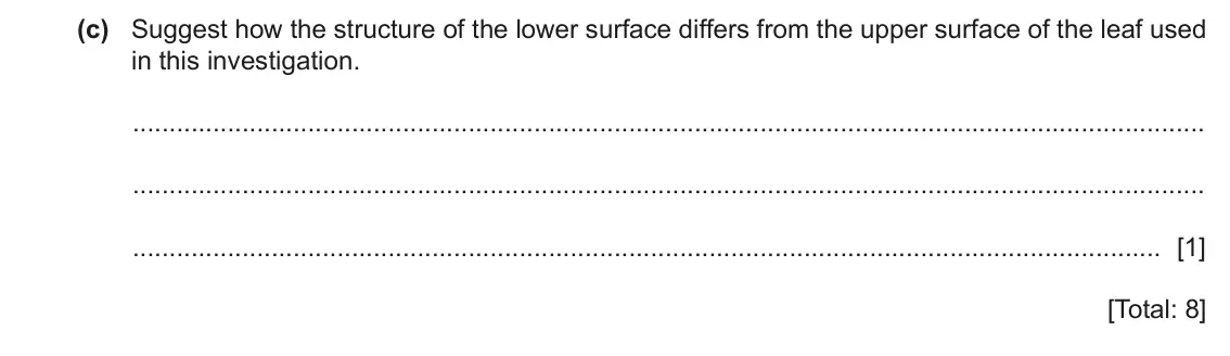 June 2024 Paper 4, question 5(c): Suggest how the structure of the lower surface differs from the upper surface of the leaf used in this investigation. [1] [Total: 8]