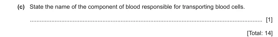 June 2024 Paper 4, question 6(c): State the name of the component of blood responsible for transporting blood cells. [1] [Total: 14]