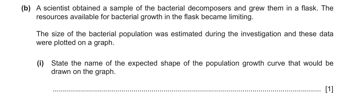 June 2024 Paper 4, question 7(b)(i): State the name of the expected shape of the population growth curve that would be drawn on the graph. [1]