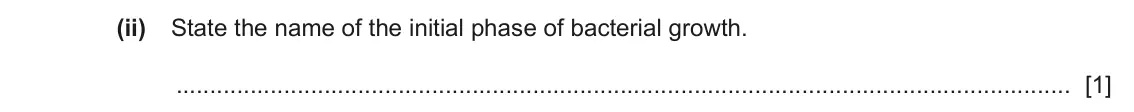 June 2024 Paper 4, question 7(b)(ii): State the name of the initial phase of bacterial growth. [1]