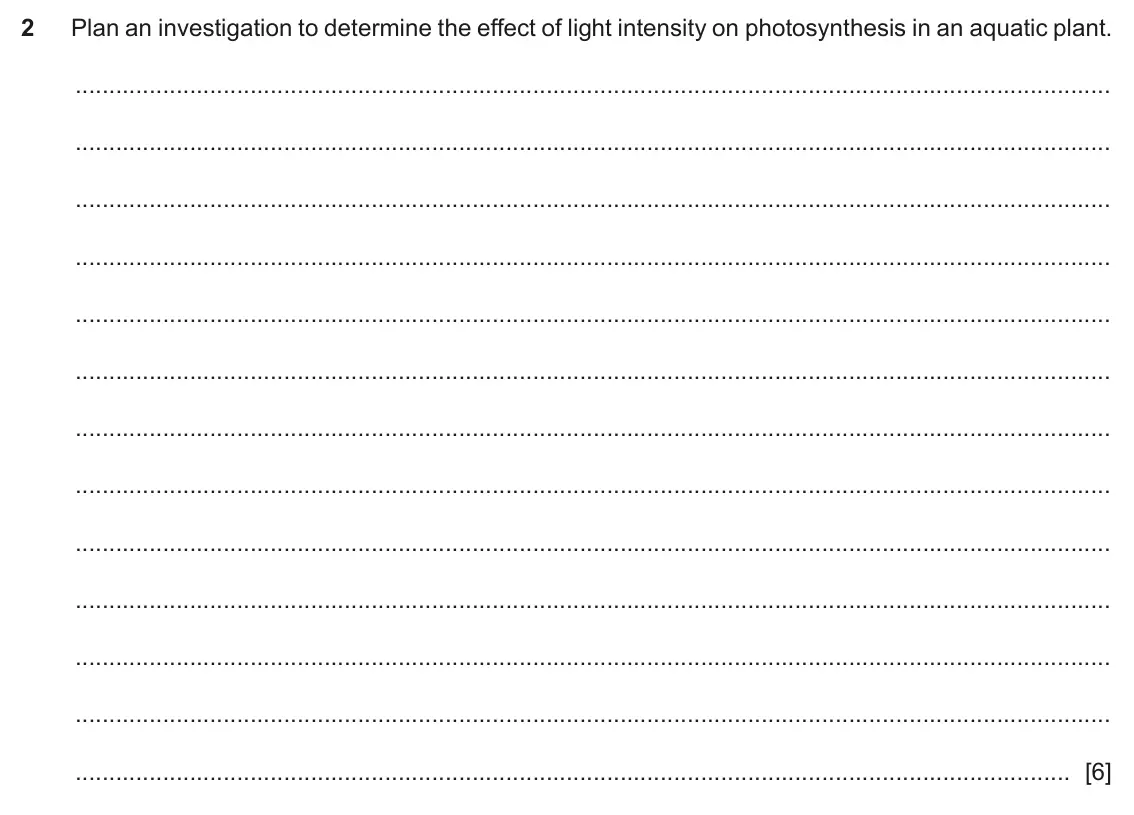 June 2024 Paper 6, question 2: Plan an investigation to determine the effect of light intensity on photosynthesis in an aquatic plant. [6]
