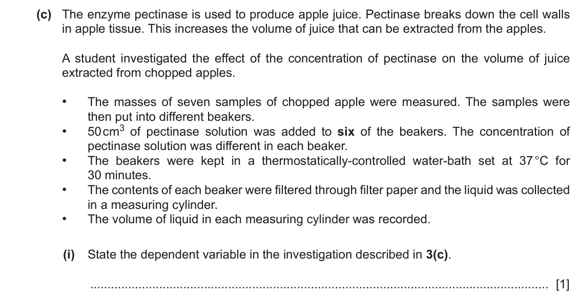 June 2024 Paper 6, question 3(c)(i): State the dependent variable in the investigation described in 3(c). [1]