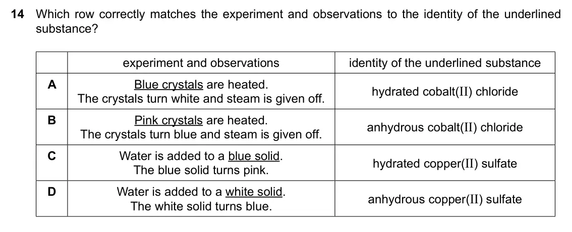 Specimen Paper 1, question 14: Which row correctly matches the experiment and observations to the identity of the underlined substance? experiment and observations identity of the underlined 