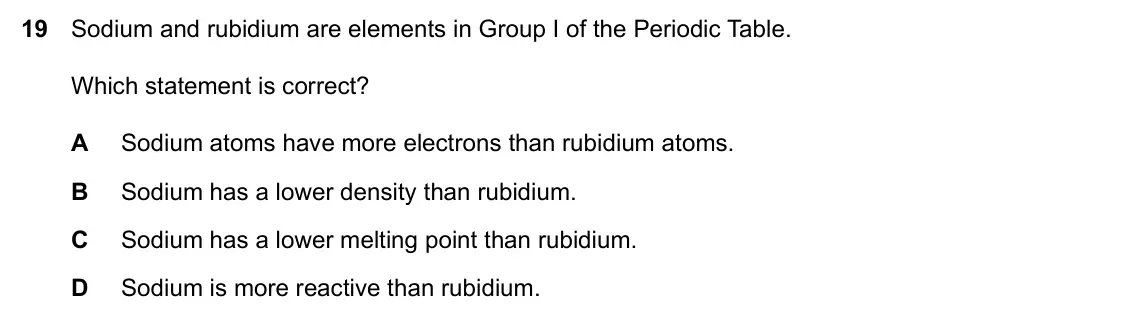 Specimen Paper 1, question 19: Sodium and rubidium are elements in Group I of the Periodic Table. Which statement is correct? A Sodium atoms have more electrons than rubidium atoms. B Sodium 