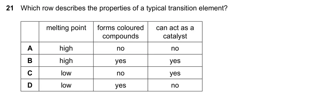 Specimen Paper 1, question 21: Which row describes the properties of a typical transition element? melting point forms coloured can act as a compounds catalyst A high no no B high yes yes C l