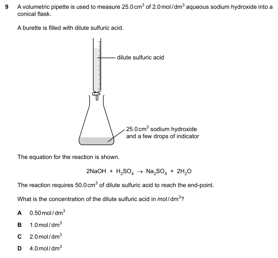 Specimen Paper 2, question 9: A volumetric pipette is used to measure 25.0 cm3 of 2.0 mol / dm3 aqueous sodium hydroxide into a conical flask. A burette is filled with dilute sulfuric acid. 