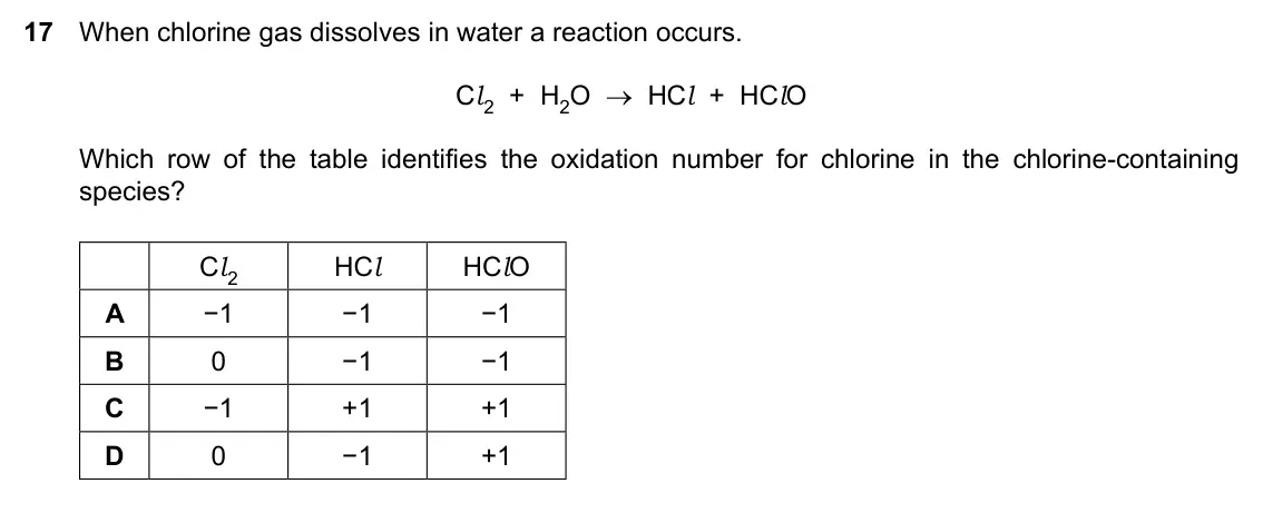 Specimen Paper 2, question 17: When chlorine gas dissolves in water a reaction occurs. Cl 2 + H2O → HCl + HClO Which row of the table identifies the oxidation number for chlorine in the chlor