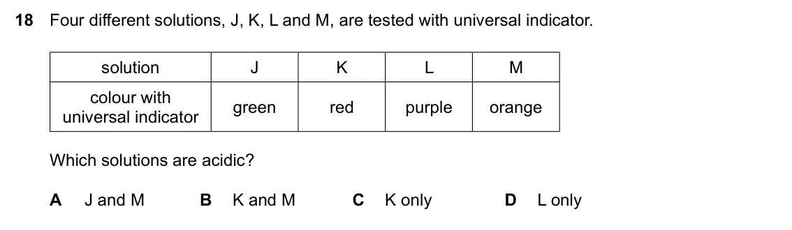 Specimen Paper 2, question 18: Four different solutions, J, K, L and M, are tested with universal indicator. solution J K L M colour with green red purple orange universal indicator Which sol