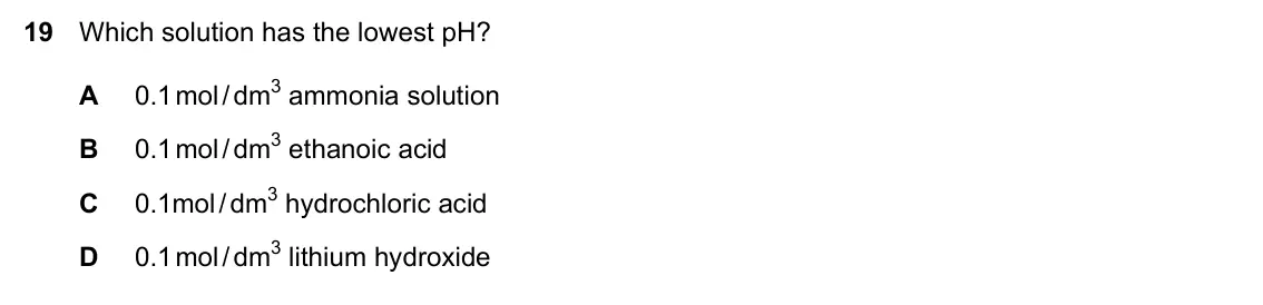 Specimen Paper 2, question 19: Which solution has the lowest pH? A 0.1 mol / dm3 ammonia solution B 0.1 mol / dm3 ethanoic acid C 0.1mol / dm3 hydrochloric acid D 0.1 mol / dm3 lithium hydrox