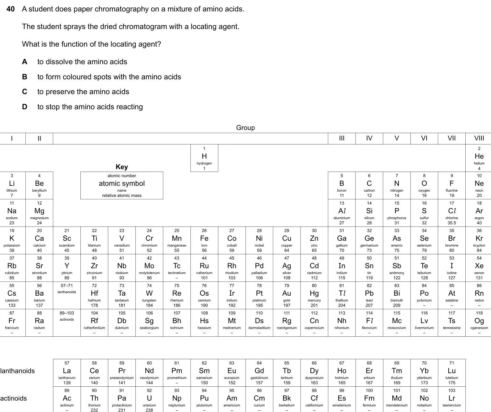 Specimen Paper 2, question 40: A student does paper chromatography on a mixture of amino acids. The student sprays the dried chromatogram with a locating agent. What is the function of the lo