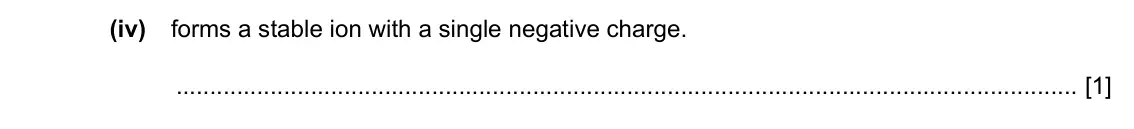 Specimen Paper 3, question 1(a)(iv): forms a stable ion with a single negative charge. [1]