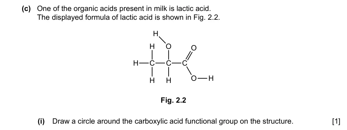 Specimen Paper 3, question 2(c)(i): Draw a circle around the carboxylic acid functional group on the structure. [1]