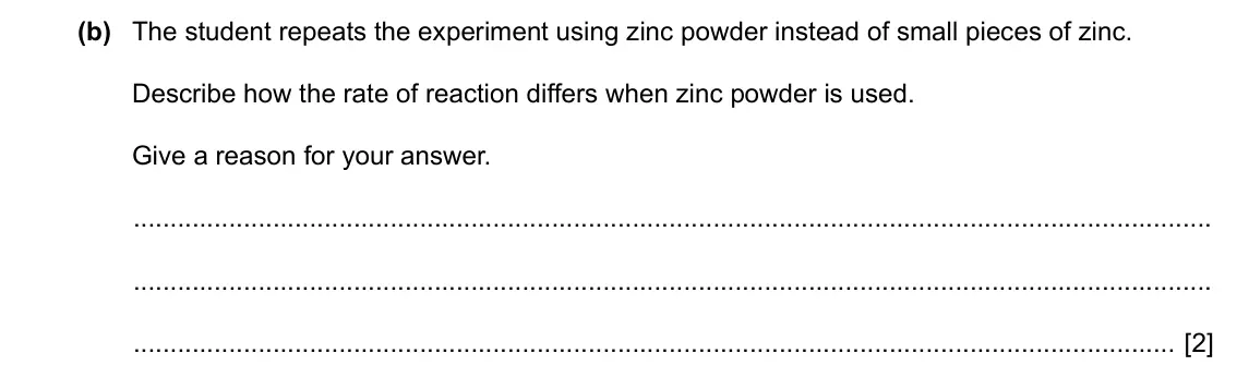 Specimen Paper 3, question 4(b): The student repeats the experiment using zinc powder instead of small pieces of zinc. Describe how the rate of reaction differs when zinc powder is used. Give a