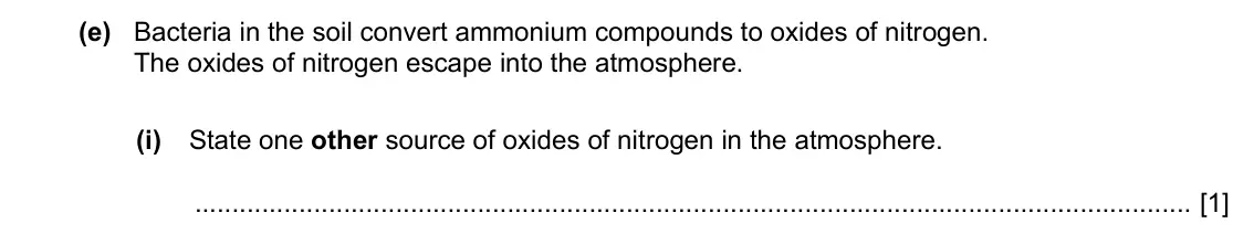 Specimen Paper 3, question 6(e)(i): State one other source of oxides of nitrogen in the atmosphere. [1]