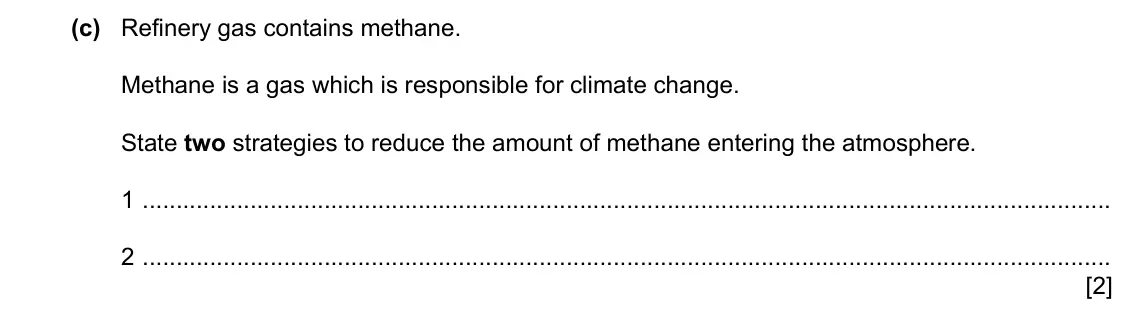Specimen Paper 3, question 8(c): Refinery gas contains methane. Methane is a gas which is responsible for climate change. State two strategies to reduce the amount of methane entering the atmos