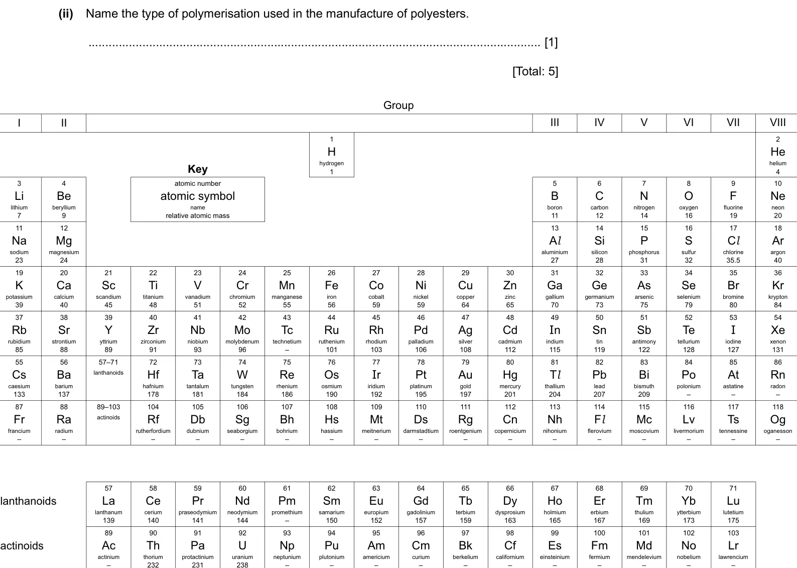 Specimen Paper 4, question 7(b)(ii): Name the type of polymerisation used in the manufacture of polyesters. [1] [Total: 5] Group I II III IV V VI VII VIII 1 2 H He Key hydrogen helium 1 4 3 4 atomi