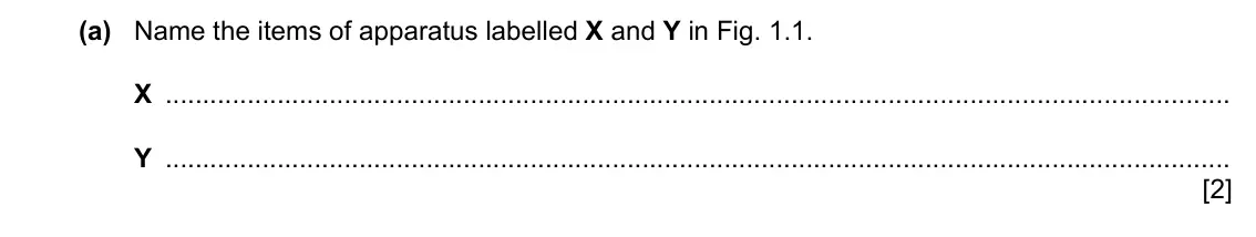 Specimen Paper 6, question 1(a): Name the items of apparatus labelled X and Y in Fig. 1.1. X Y [2]