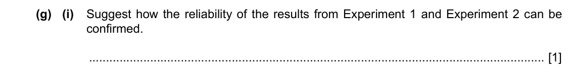 Specimen Paper 6, question 2(g)(i): Suggest how the reliability of the results from Experiment 1 and Experiment 2 can be confirmed. [1]
