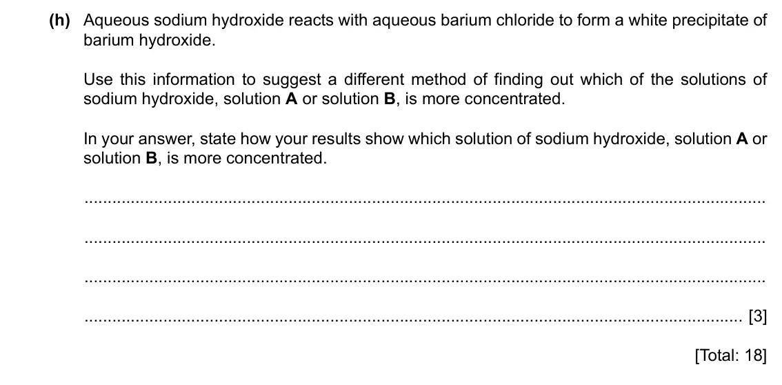 Specimen Paper 6, question 2(h): Aqueous sodium hydroxide reacts with aqueous barium chloride to form a white precipitate of barium hydroxide. Use this information to suggest a different method