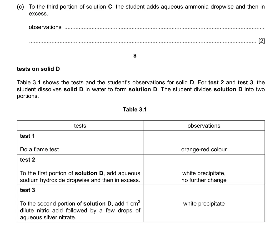 Specimen Paper 6, question 3(c): To the third portion of solution C, the student adds aqueous ammonia dropwise and then in excess. observations [2] 8 tests on solid D Table 3.1 shows the tests 