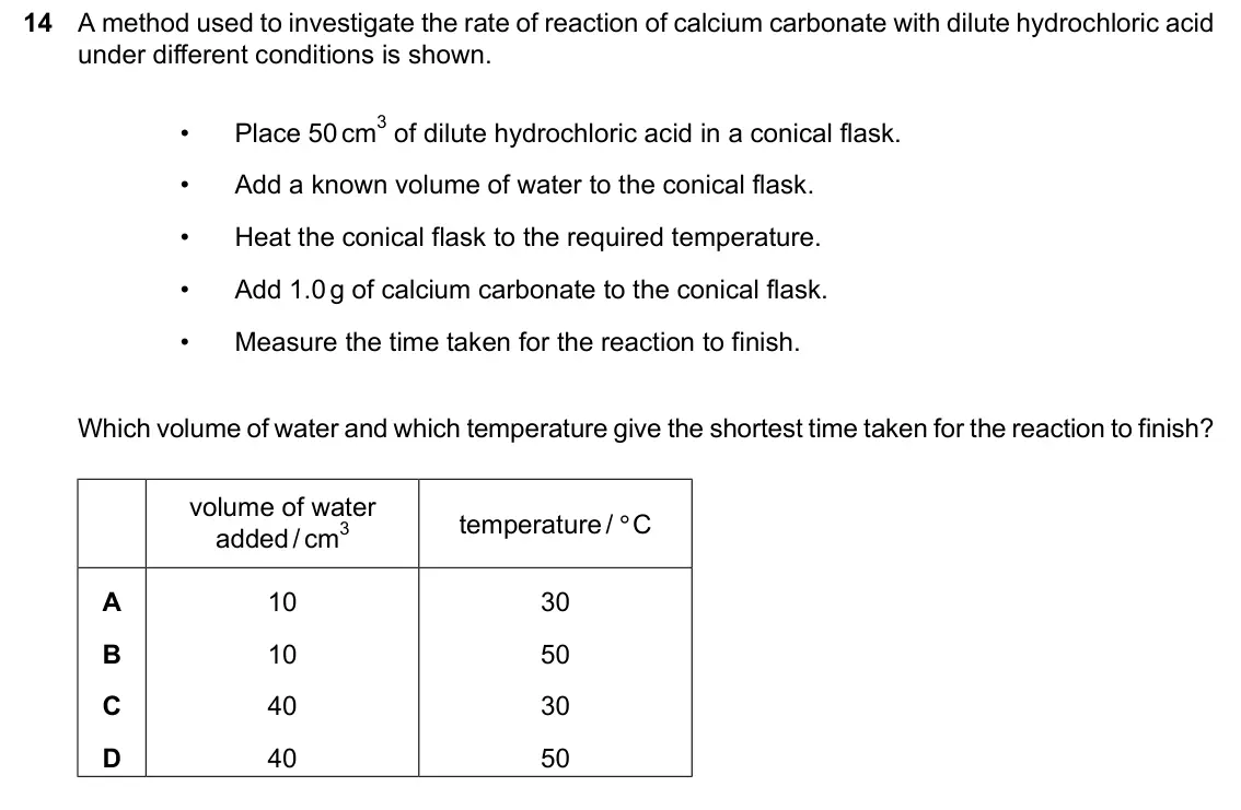 June 2024 Paper 1, question 14: A method used to investigate the rate of reaction of calcium carbonate with dilute hydrochloric acid under different conditions is shown. Place 50cm3 of dilute