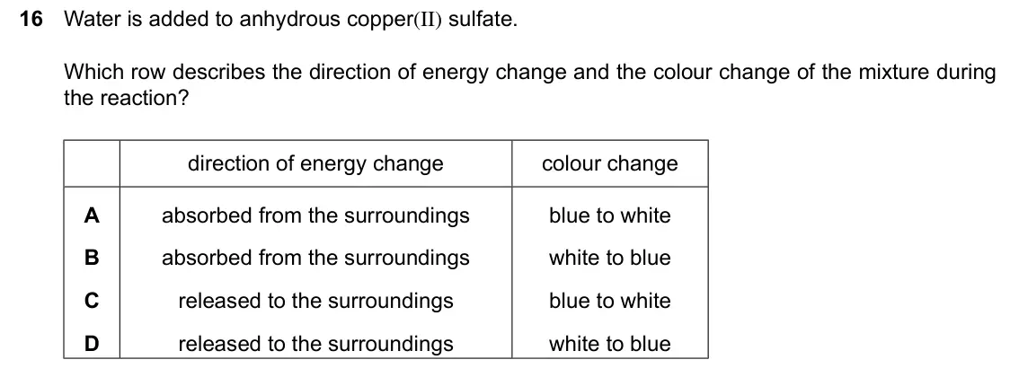 June 2024 Paper 1, question 16: Water is added to anhydrous copper(II) sulfate. Which row describes the direction of energy change and the colour change of the mixture during the reaction? dir