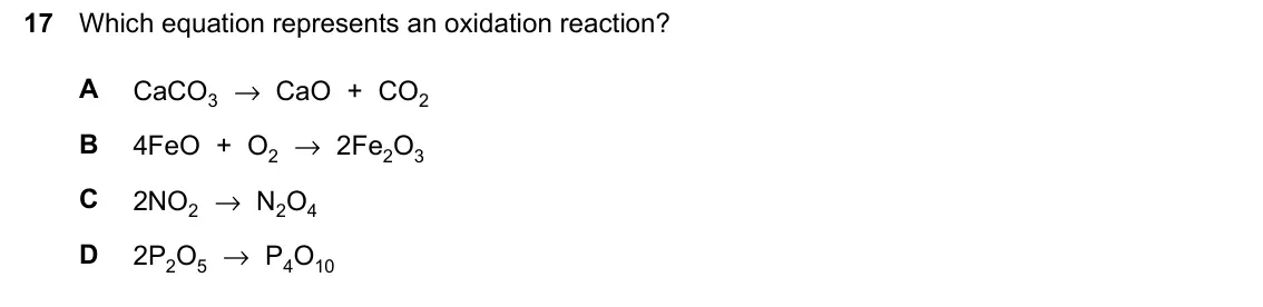 June 2024 Paper 1, question 17: Which equation represents an oxidation reaction? A CaCO3 → CaO + CO2 B 4FeO + O2 → 2Fe2O3 C 2NO2 → N2O4 D 2P2O5 → P4O10