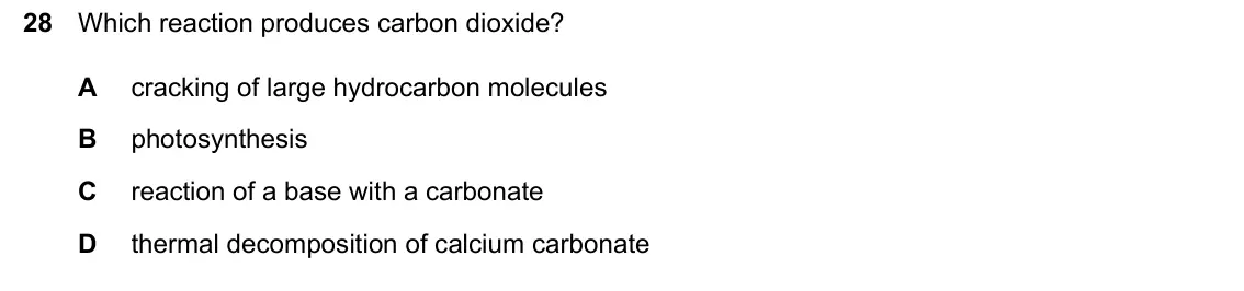 June 2024 Paper 1, question 28: Which reaction produces carbon dioxide? A cracking of large hydrocarbon molecules B photosynthesis C reaction of a base with a carbonate D thermal decomposition