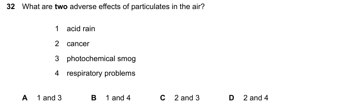 June 2024 Paper 1, question 32: What are two adverse effects of particulates in the air? 1 acid rain 2 cancer 3 photochemical smog 4 respiratory problems A 1 and 3 B 1 and 4 C 2 and 3 D 2 and 
