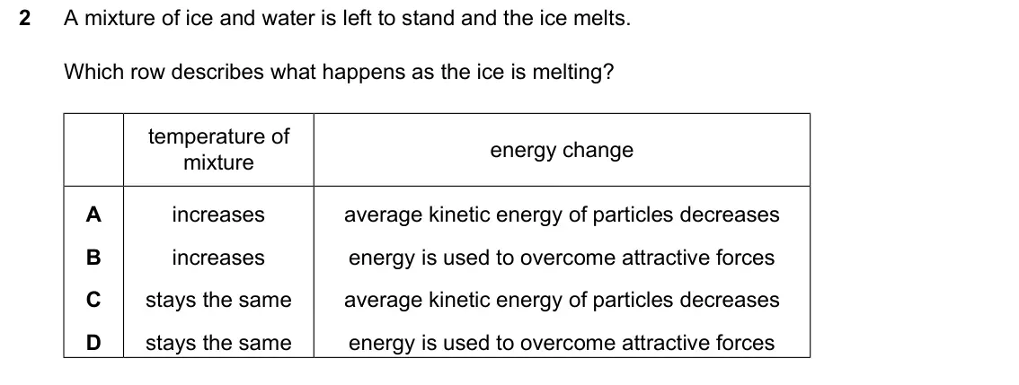 June 2024 Paper 2, question 2: A mixture of ice and water is left to stand and the ice melts. Which row describes what happens as the ice is melting? temperature of energy change mixture A in