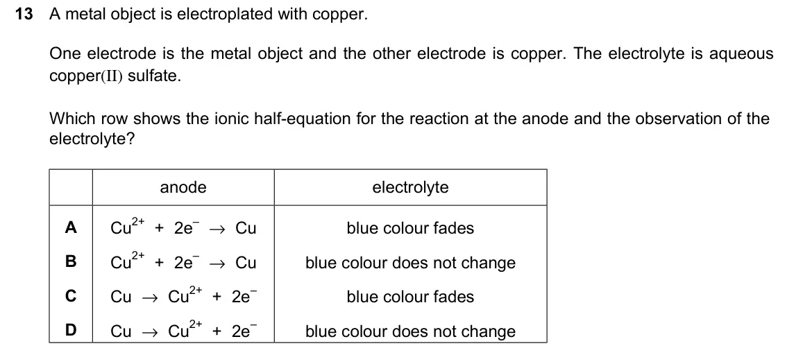 June 2024 Paper 2, question 13: A metal object is electroplated with copper. 13 One electrode is the metal object and the other electrode is copper. The electrolyte is aqueous copper(II) sulfa