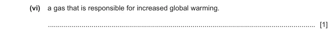 June 2024 Paper 3, question 1(a)(vi): a gas that is responsible for increased global warming. [1]