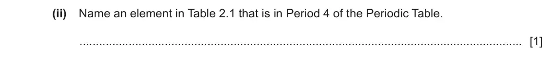 June 2024 Paper 3, question 2(a)(ii): Name an element in Table 2.1 that is in Period 4 of the Periodic Table. [1]