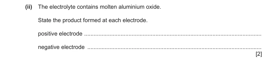 June 2024 Paper 3, question 3(b)(ii): The electrolyte contains molten aluminium oxide. State the product formed at each electrode. positive electrode negative electrode [2]
