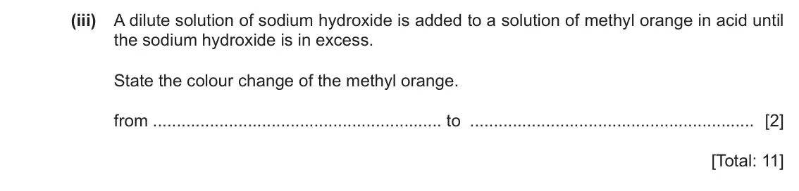June 2024 Paper 3, question 3(d)(iii): A dilute solution of sodium hydroxide is added to a solution of methyl orange in acid until the sodium hydroxide is in excess. State the colour change of the 