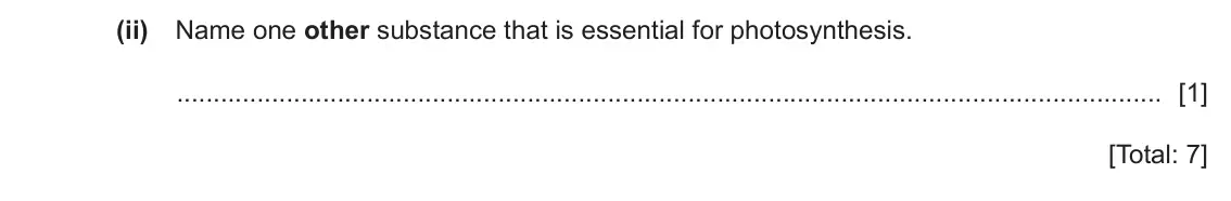 June 2024 Paper 3, question 4(c)(ii): Name one other substance that is essential for photosynthesis. [1] [Total: 7]