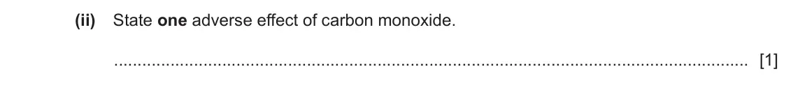 June 2024 Paper 3, question 5(b)(ii): State one adverse effect of carbon monoxide. [1]