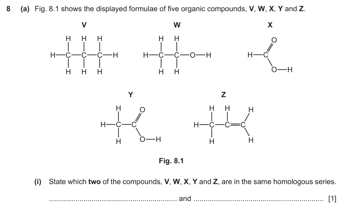 June 2024 Paper 3, question 8(a)(i): State which two of the compounds, V, W, X, Y and Z, are in the same homologous series. and ���������������������������������������������������������������� [1]