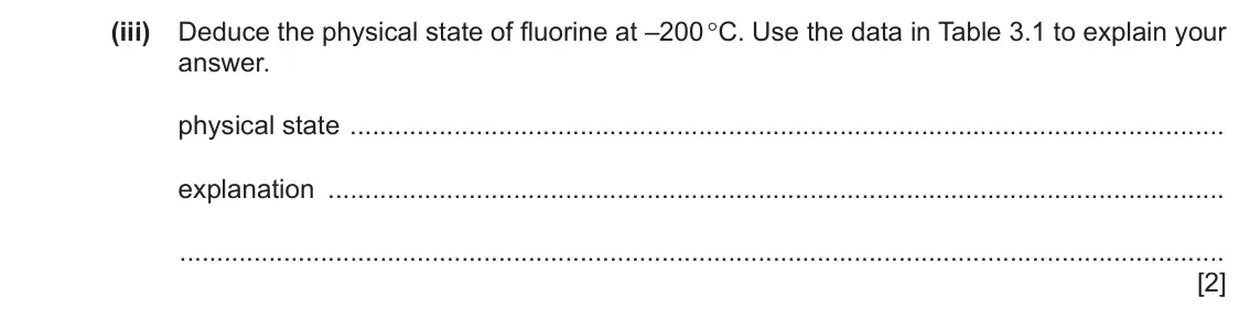 June 2024 Paper 4, question 3(b)(iii): Deduce the physical state of fluorine at –200 °C. Use the data in Table 3.1 to explain your answer. physical state explanation [2]