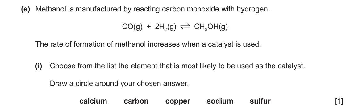June 2024 Paper 4, question 4(e)(i): Choose from the list the element that is most likely to be used as the catalyst. Draw a circle around your chosen answer. calcium carbon copper sodium sulfur 