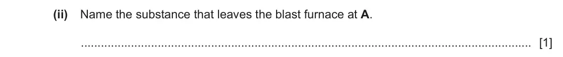 June 2024 Paper 4, question 6(a)(ii): Name the substance that leaves the blast furnace at A. [1]