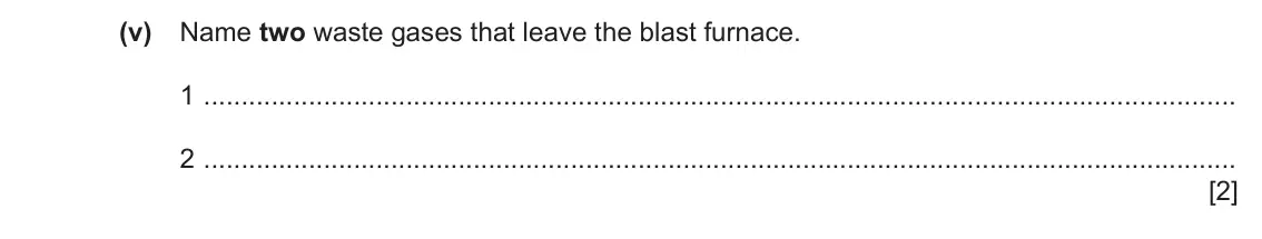 June 2024 Paper 4, question 6(a)(v): Name two waste gases that leave the blast furnace. 1 2 [2]